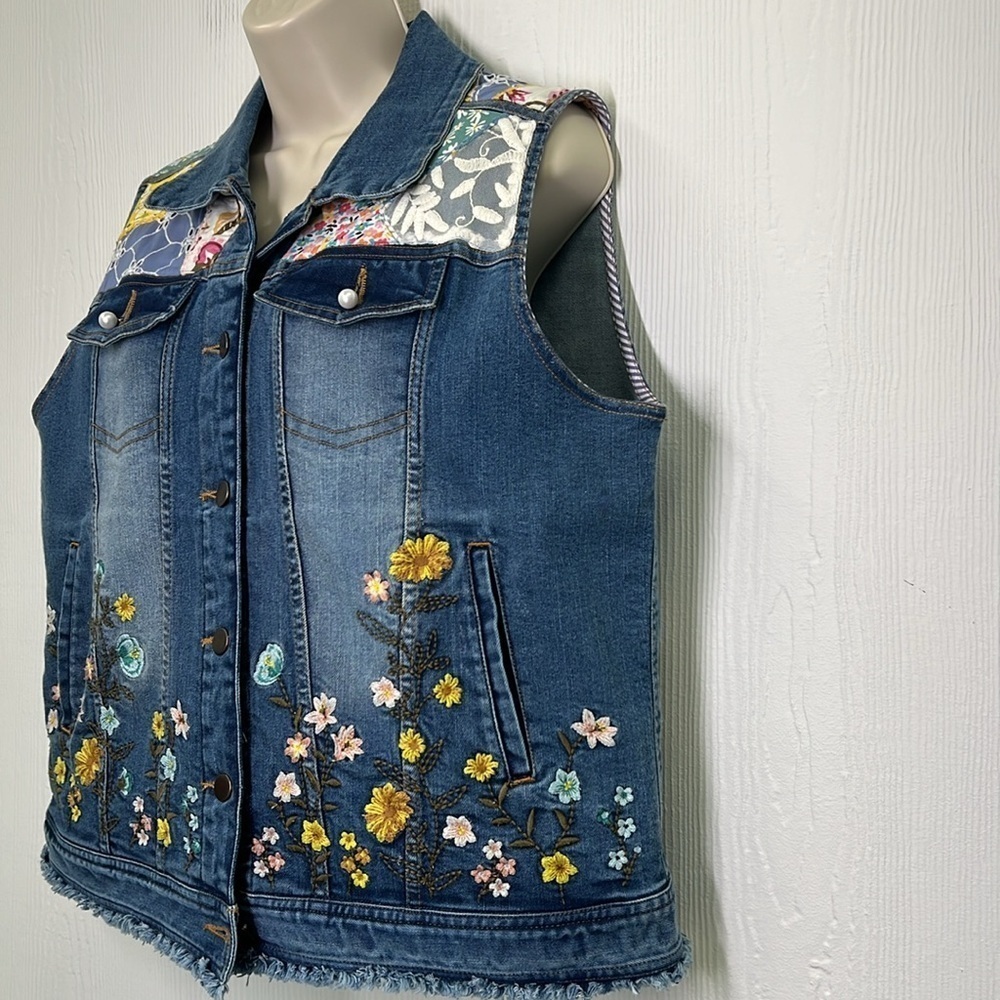 John Mark - Patch Print And Embroidered Floral Sleeveless Denim Button Up Vest L - Picture 6 of 13